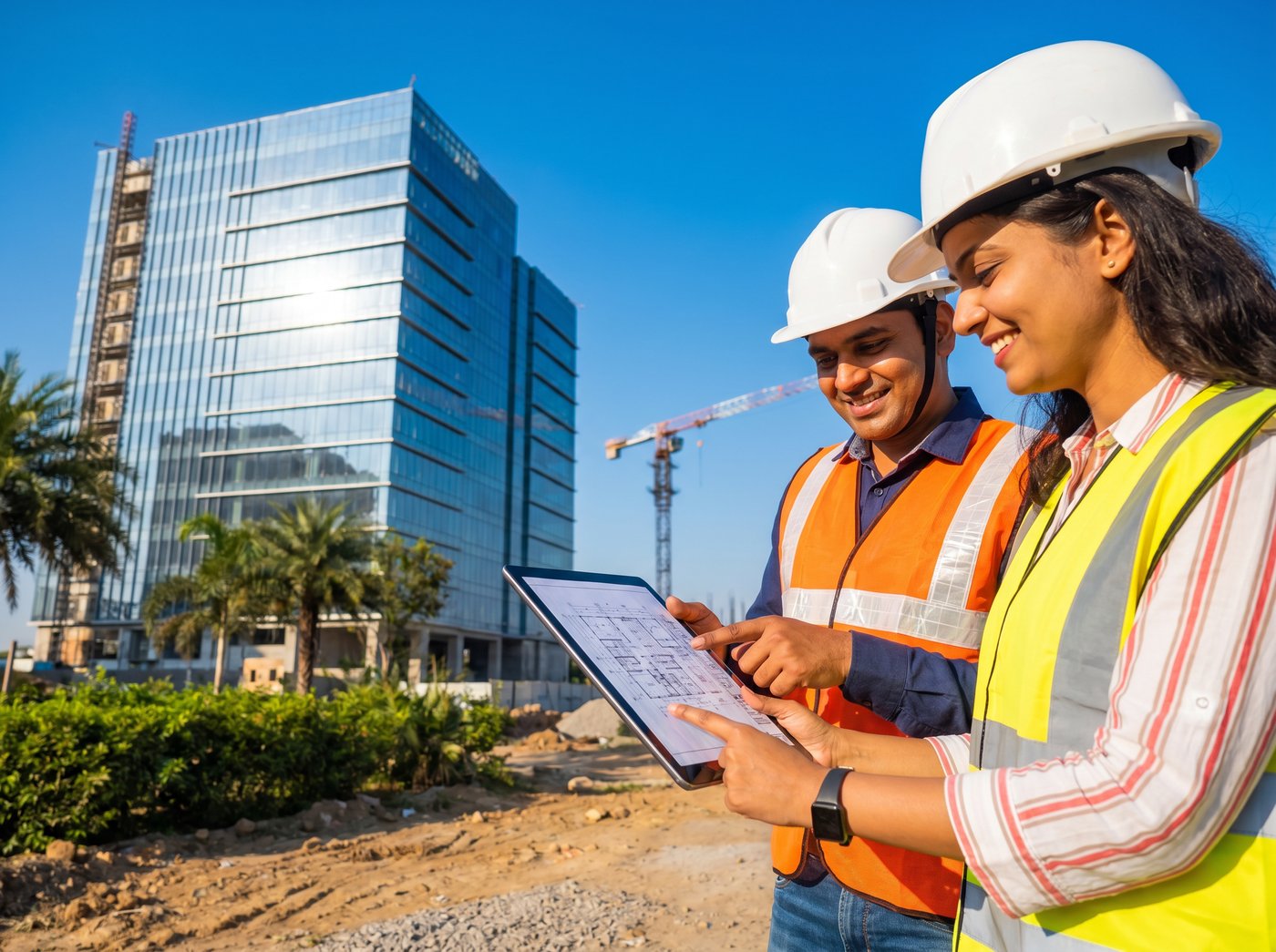 Gibraltar civil engineers reviewing project plans on site with a completed glass office tower behind