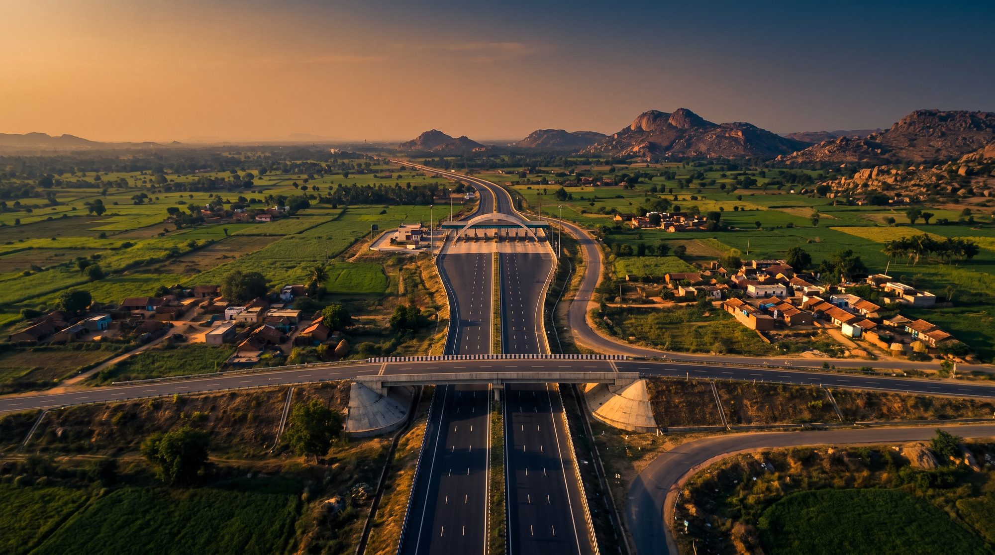 Aerial of a national highway through rural Karnataka near Kolar