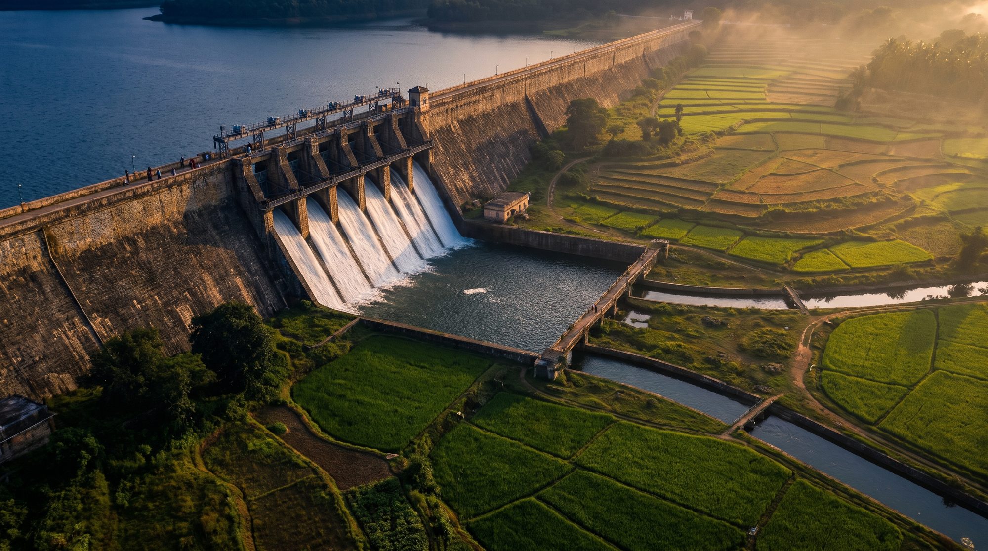 A Karnataka dam releasing water into irrigation canals and paddy fields