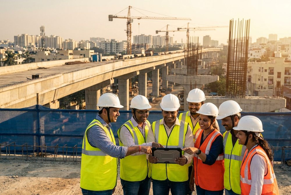 Project management team supervising a Bangalore flyover construction